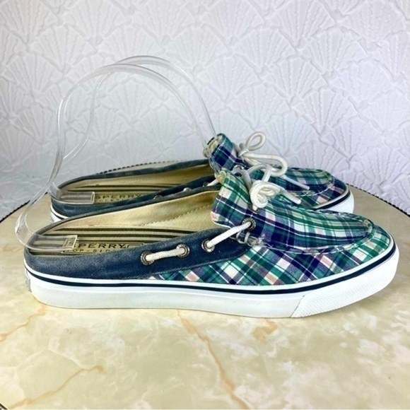 Sperry Top Sider Mules Womens Size 7.5 Green Blue Plaid Open Back Slides Shoes - Picture 1 of 11